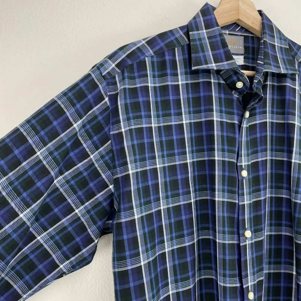 Thomas Dean Mens Large Blue Check Print Pima Cotton‎ Button Up Shirt Long Sleeve
